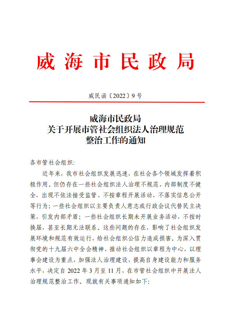 威民函【2022】9号—威海市民政局关于开展市管社会组织法人治理规范整治工作的通知_00.png